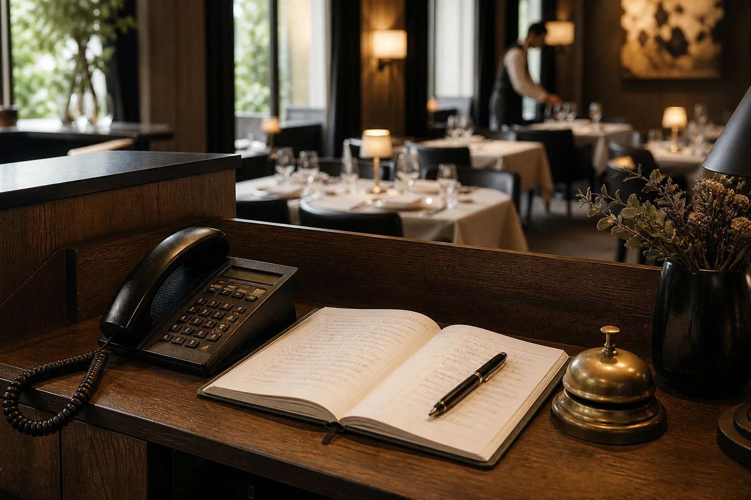 Telefon und Empfangsglocke an einer Hospitality-Rezeption für Reservierungsanfragen