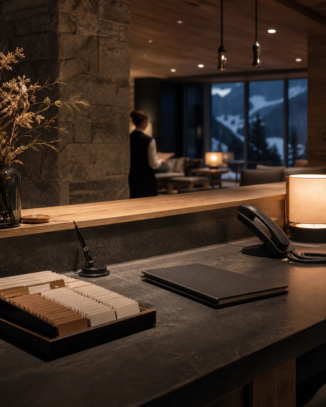 Ruhige Rezeption eines Schweizer Hotels am Abend